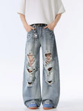 Men's trashed jeans blue oversized wide leg distressed denim