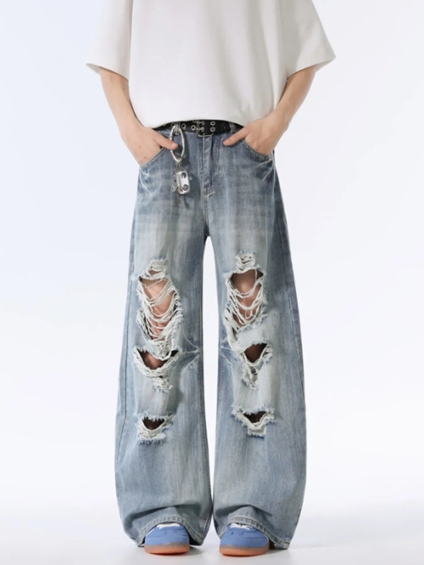 Men's trashed jeans blue oversized wide leg distressed denim