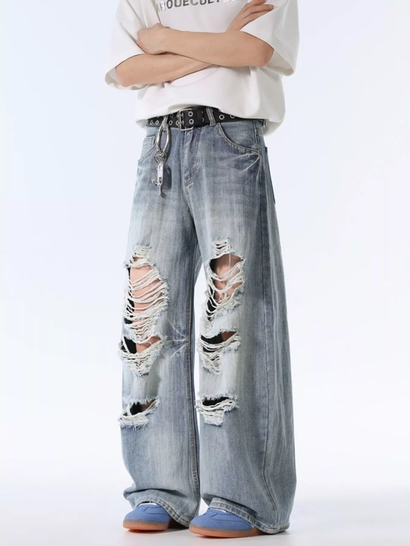 Men's trashed jeans blue oversized wide leg distressed denim
