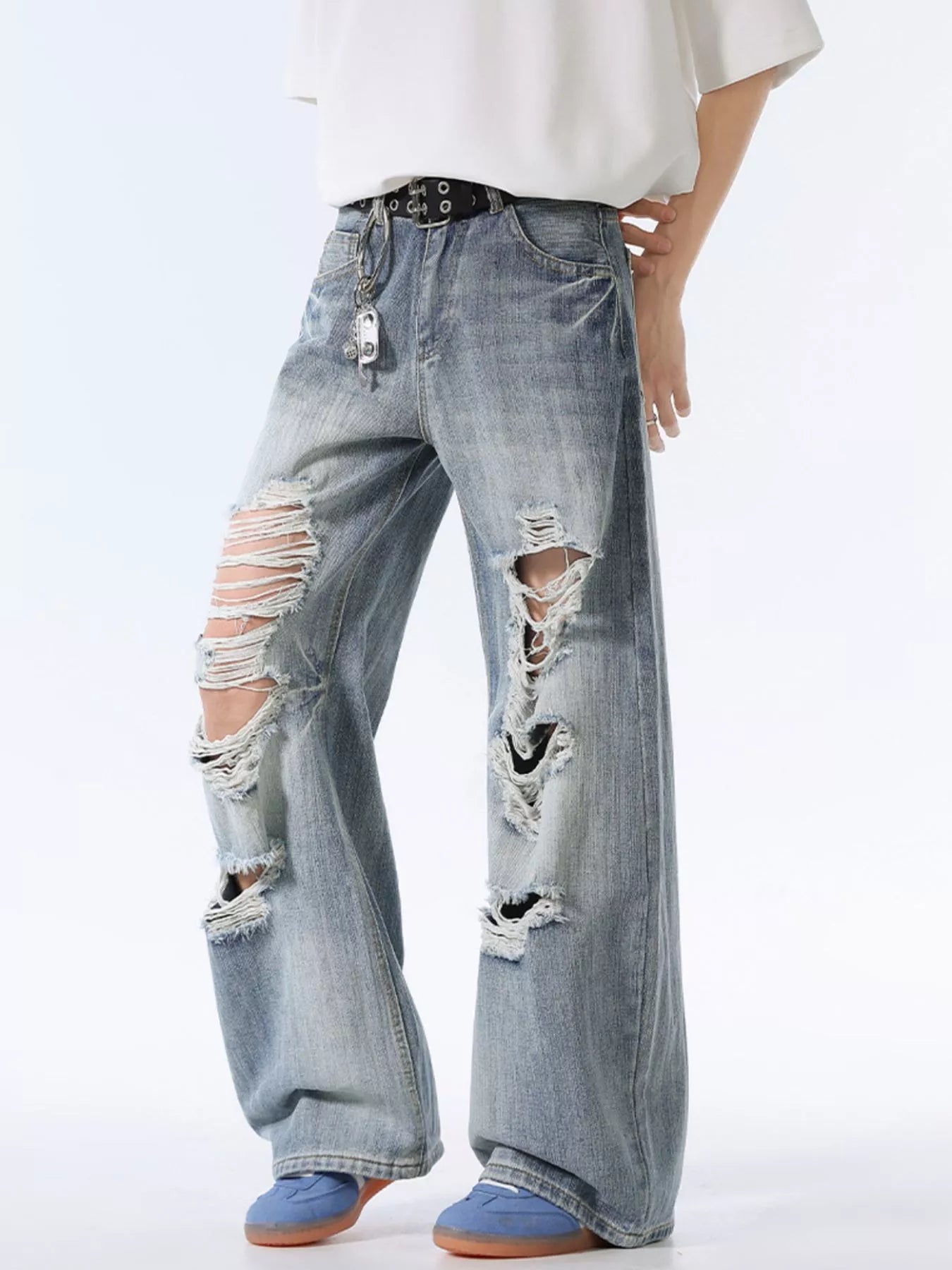 Men's trashed jeans blue oversized wide leg distressed denim