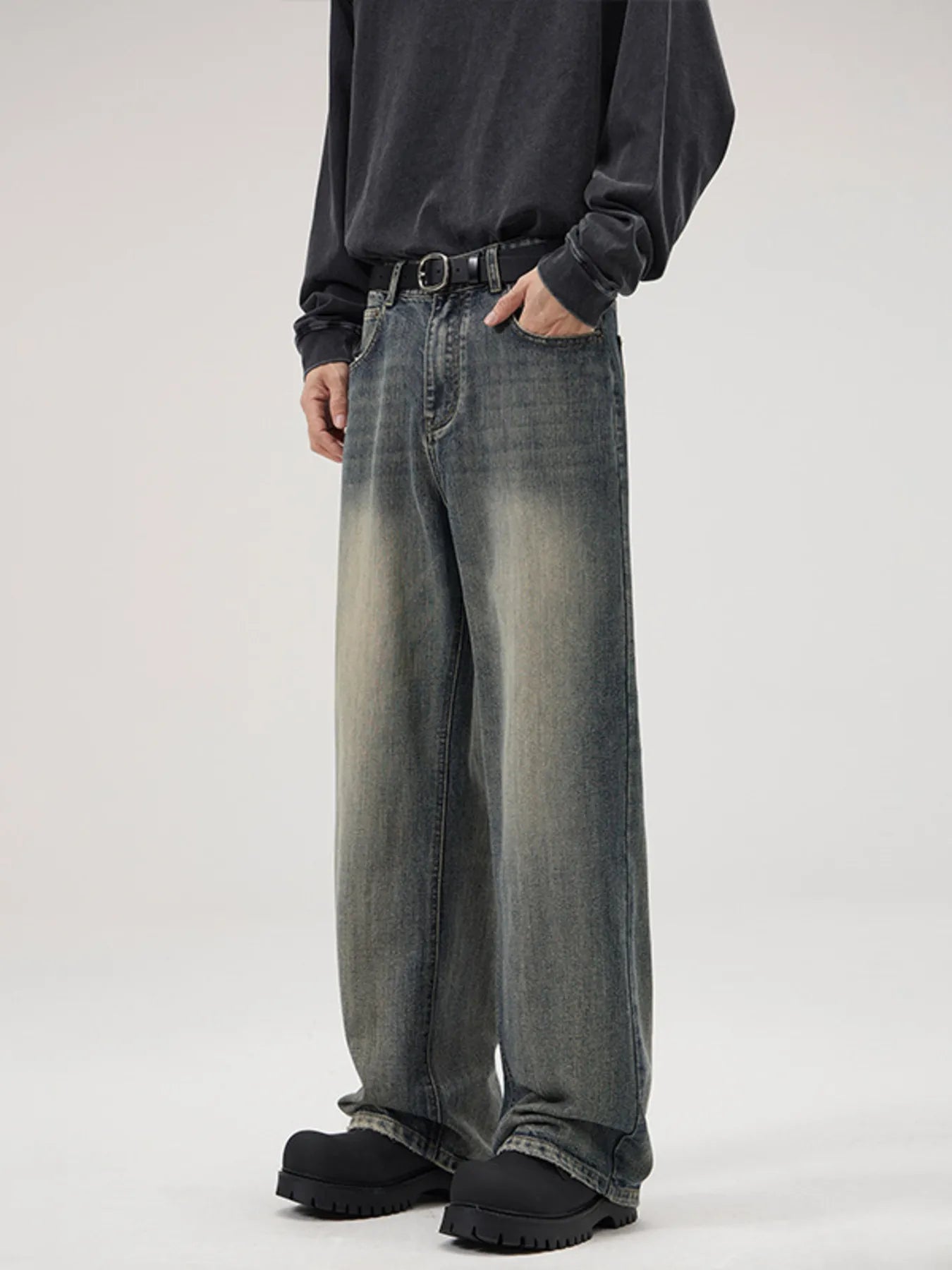 Men's vintage wash jeans plus size wide leg relaxed fit denim jeans