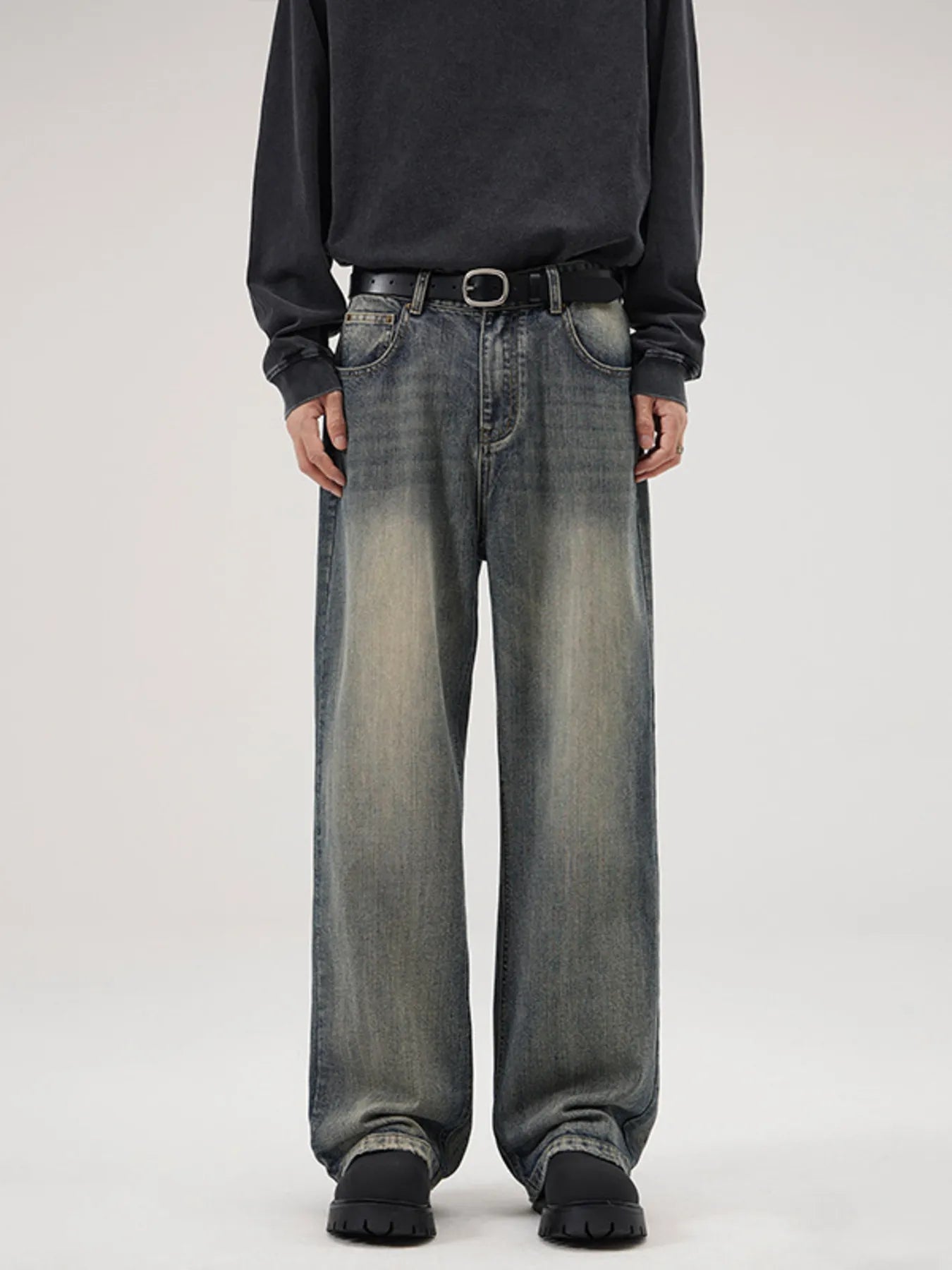 Men's vintage wash jeans plus size wide leg relaxed fit denim jeans