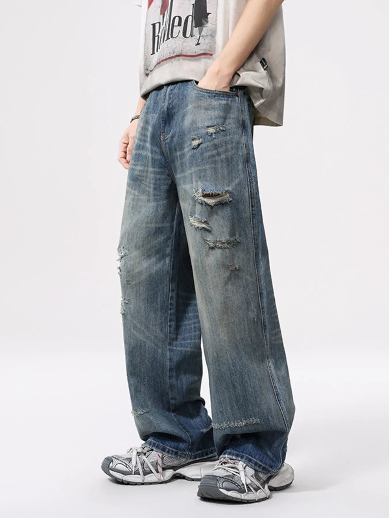 Mens ripped denim jeans plus size vintage distressed wide leg