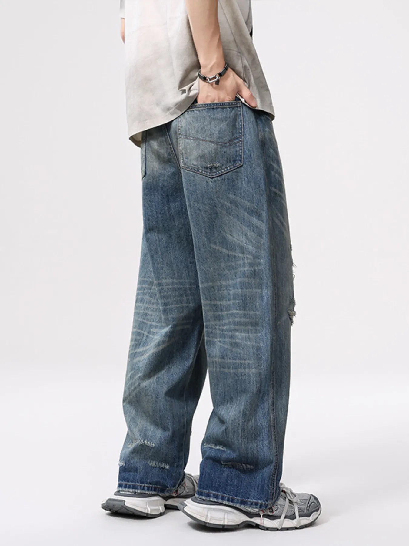 Mens ripped denim jeans plus size vintage distressed wide leg