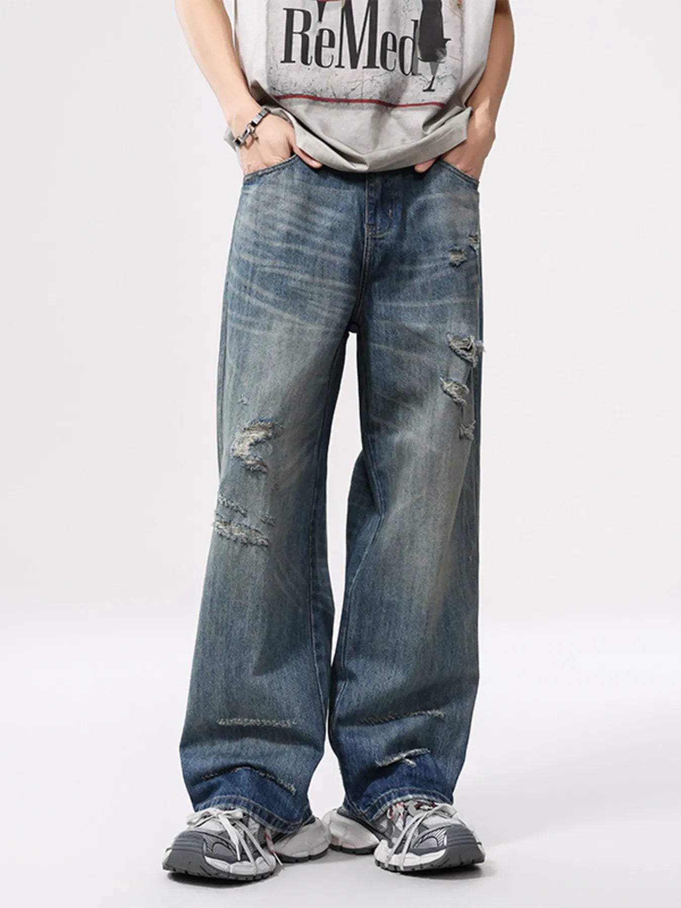 Mens ripped denim jeans plus size vintage distressed wide leg