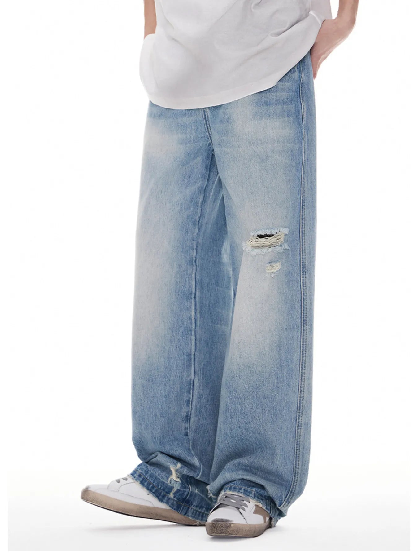 Mid rise wide leg jeans men's distressed denim waist sizes 28-33