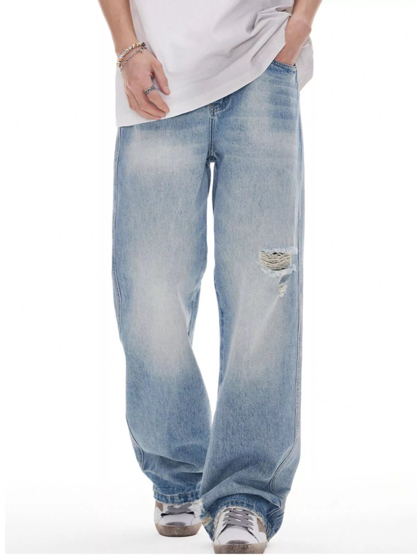 Mid rise wide leg jeans men's distressed denim waist sizes 28-33