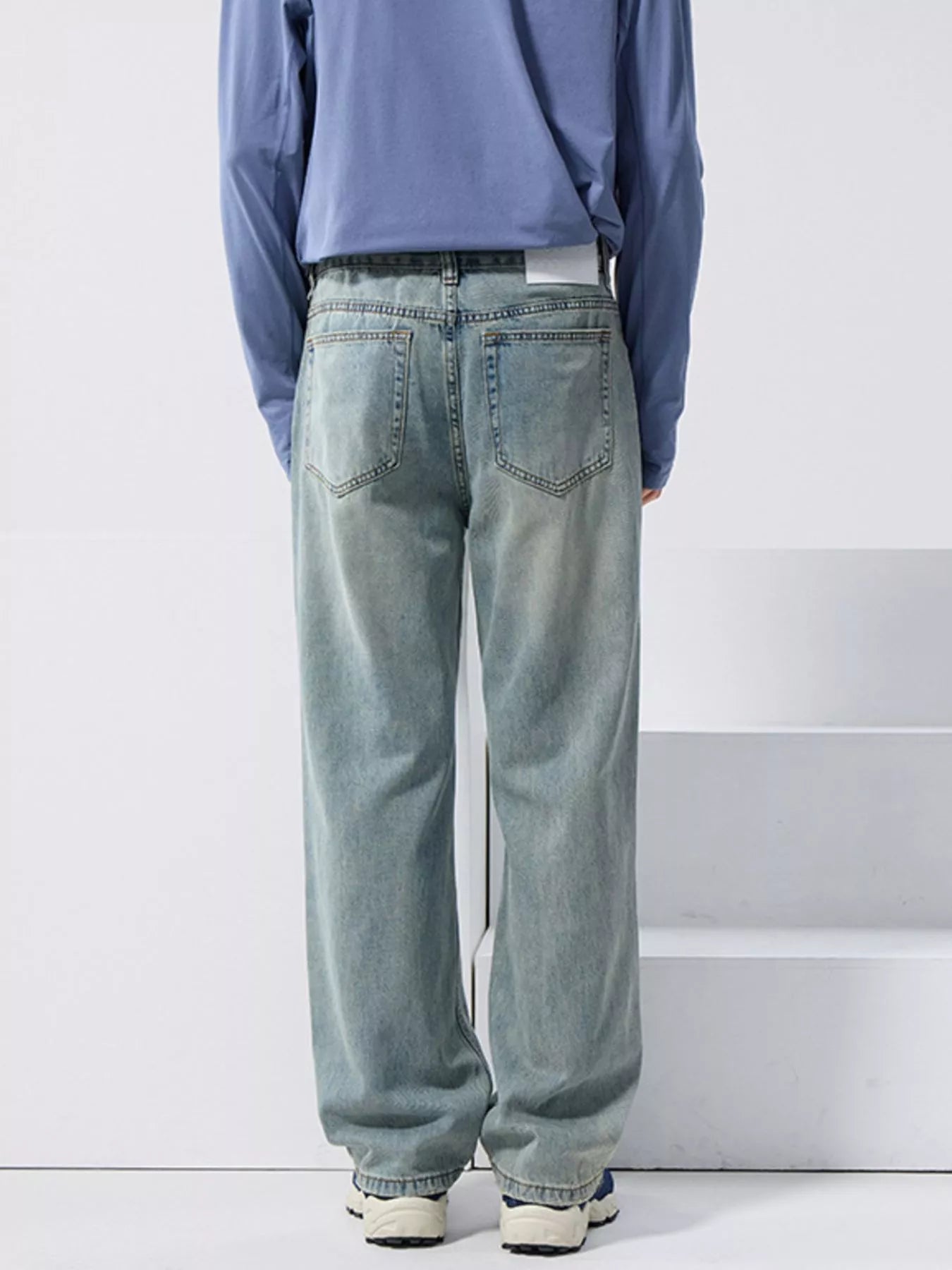 Mid rise wide leg jeans men's distressed light blue denim