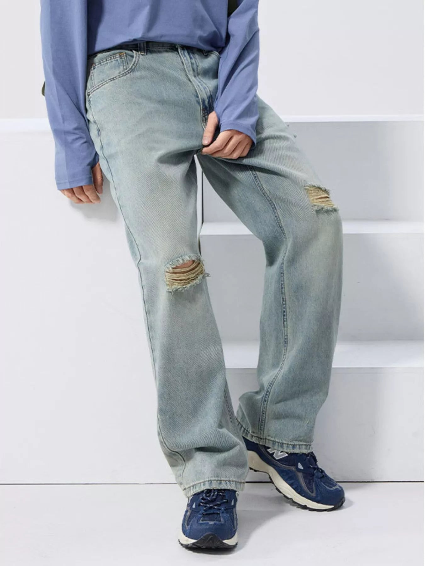 Mid rise wide leg jeans men's distressed light blue denim