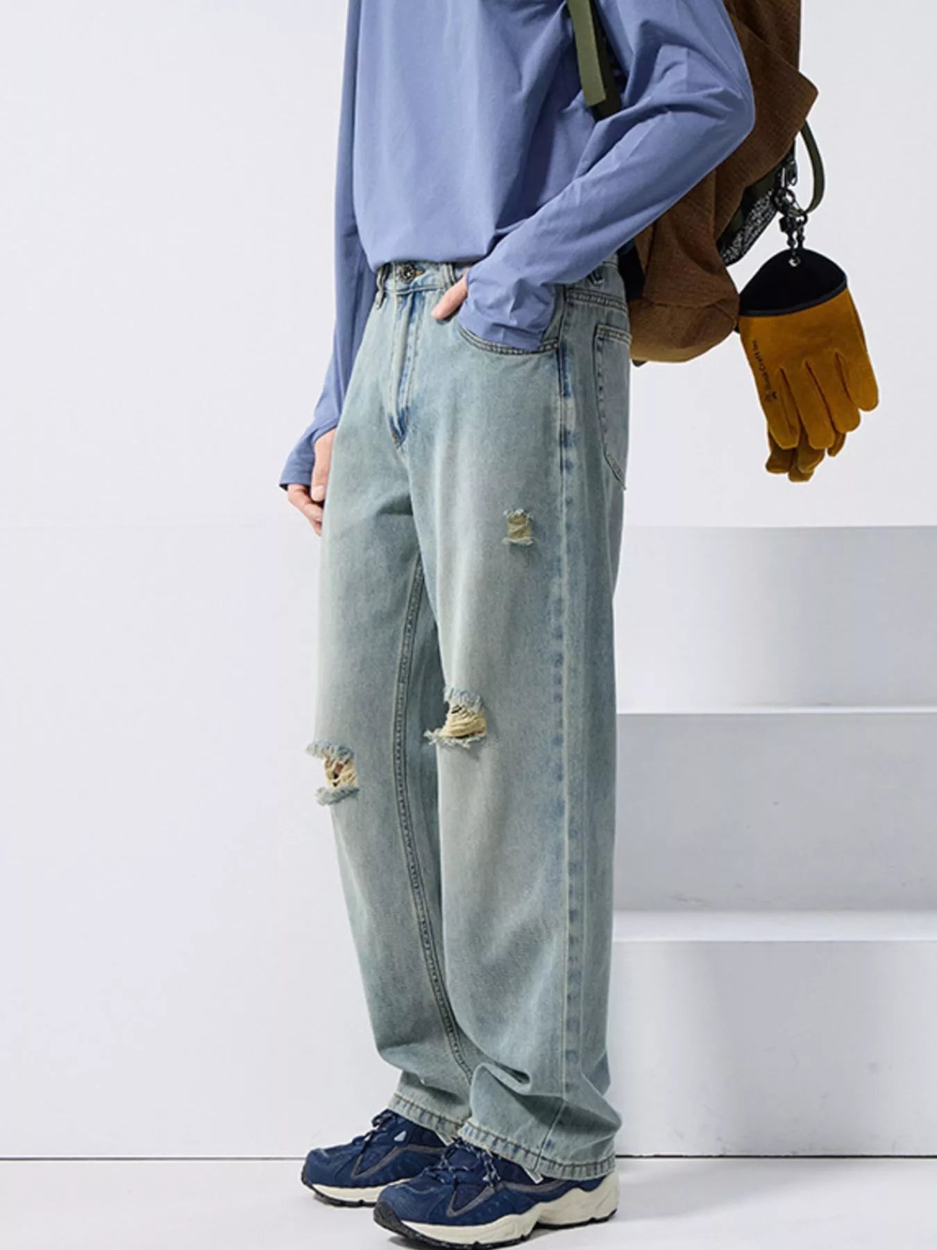 Mid rise wide leg jeans men's distressed light blue denim