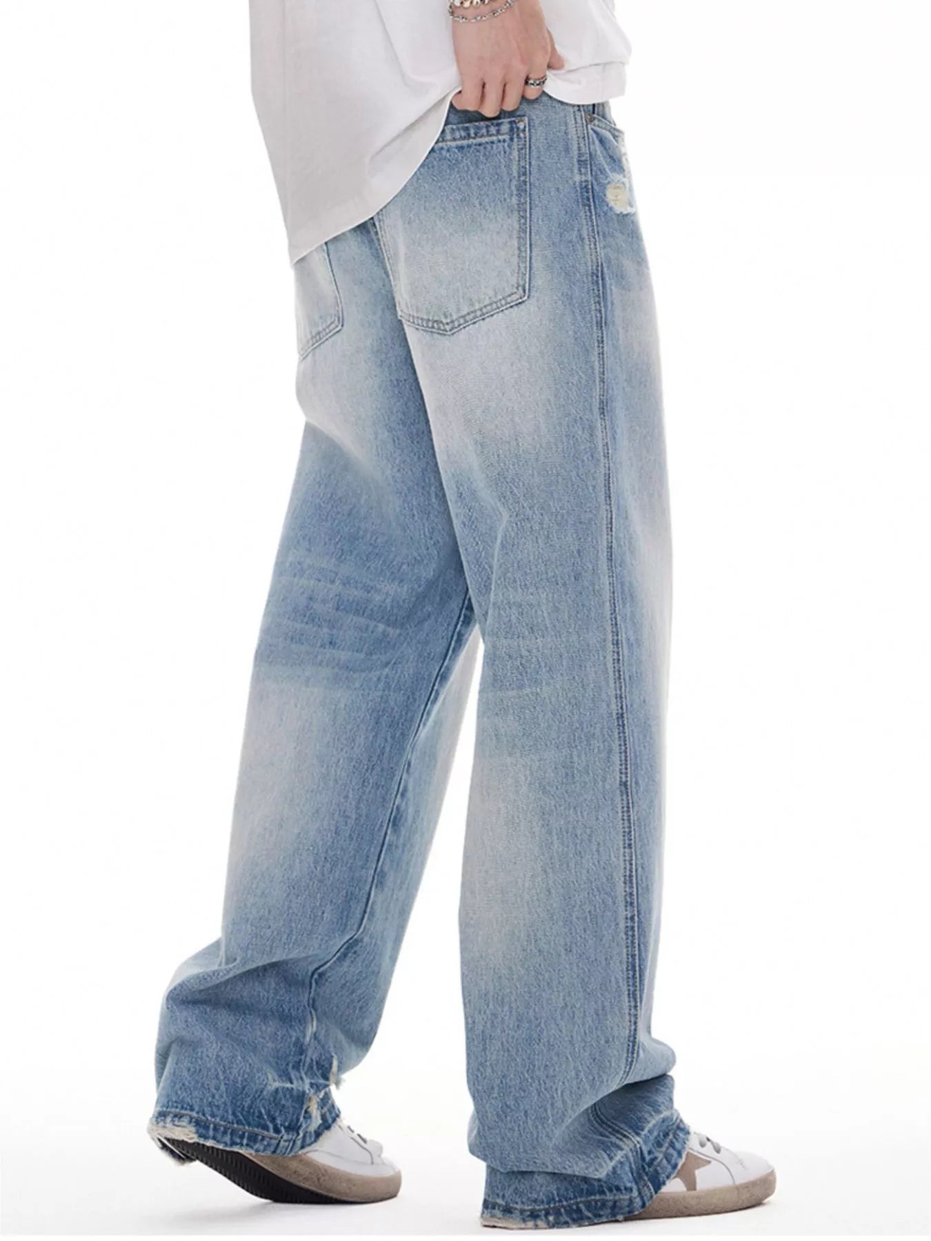 Mid rise wide leg jeans men's distressed denim waist sizes 28-33