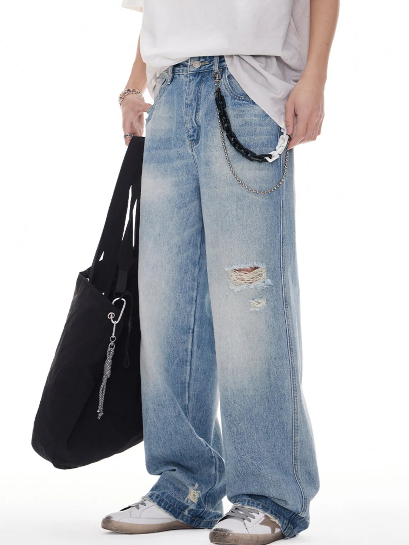 Mid rise wide leg jeans men's distressed denim waist sizes 28-33