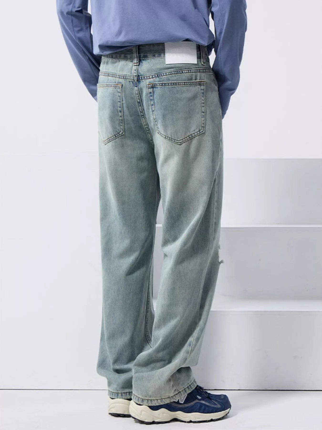 Mid rise wide leg jeans men's distressed light blue denim