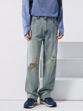 Mid rise wide leg jeans men's distressed light blue denim