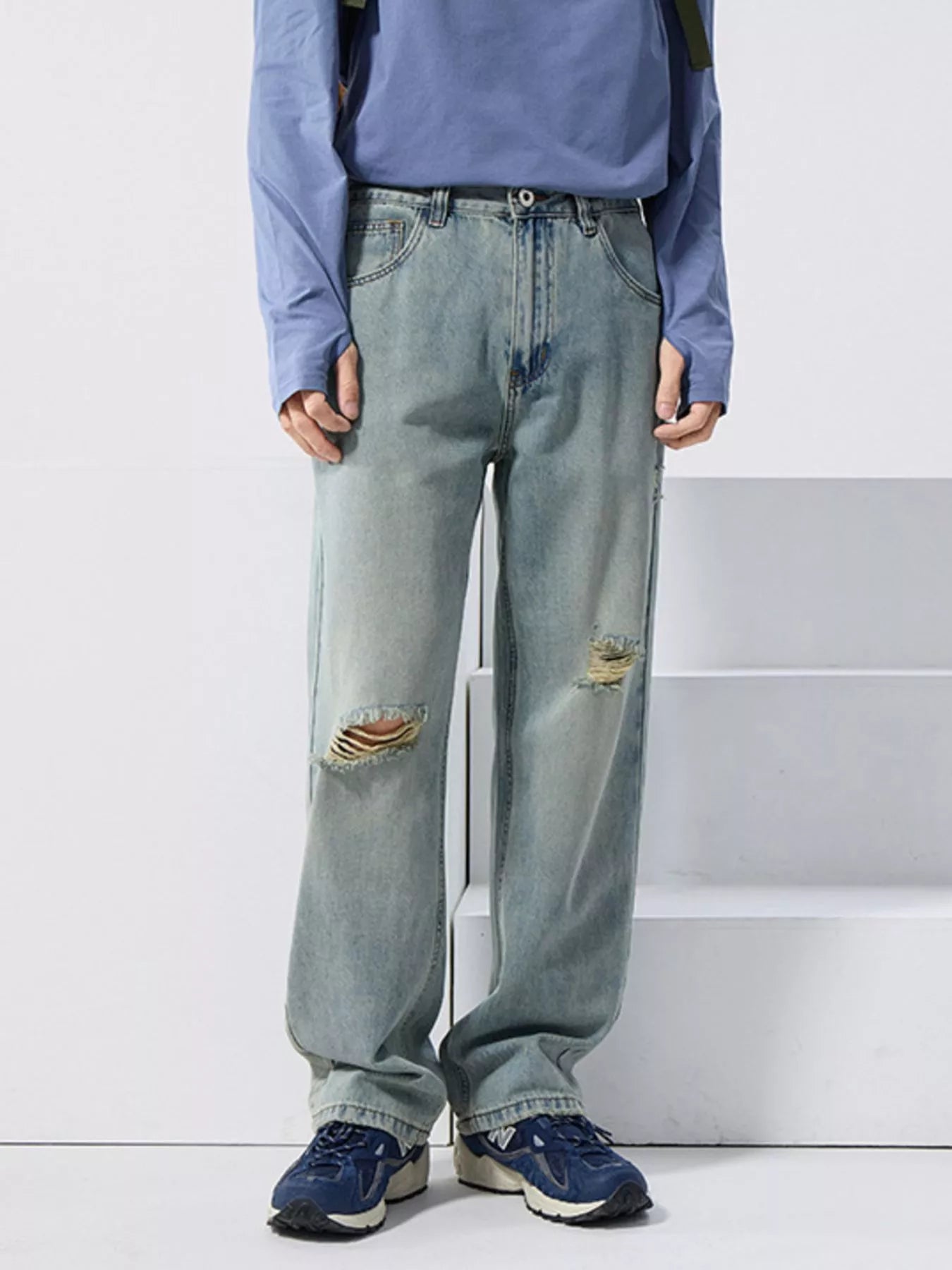 Mid rise wide leg jeans men's distressed light blue denim