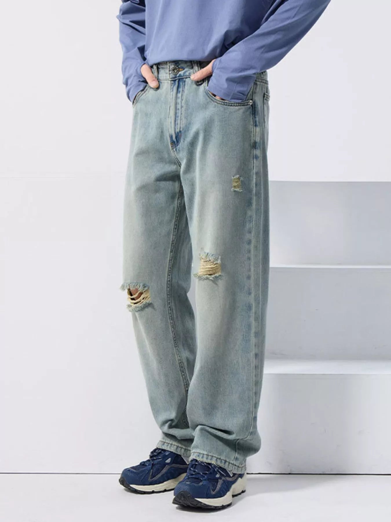 Mid rise wide leg jeans men's distressed light blue denim