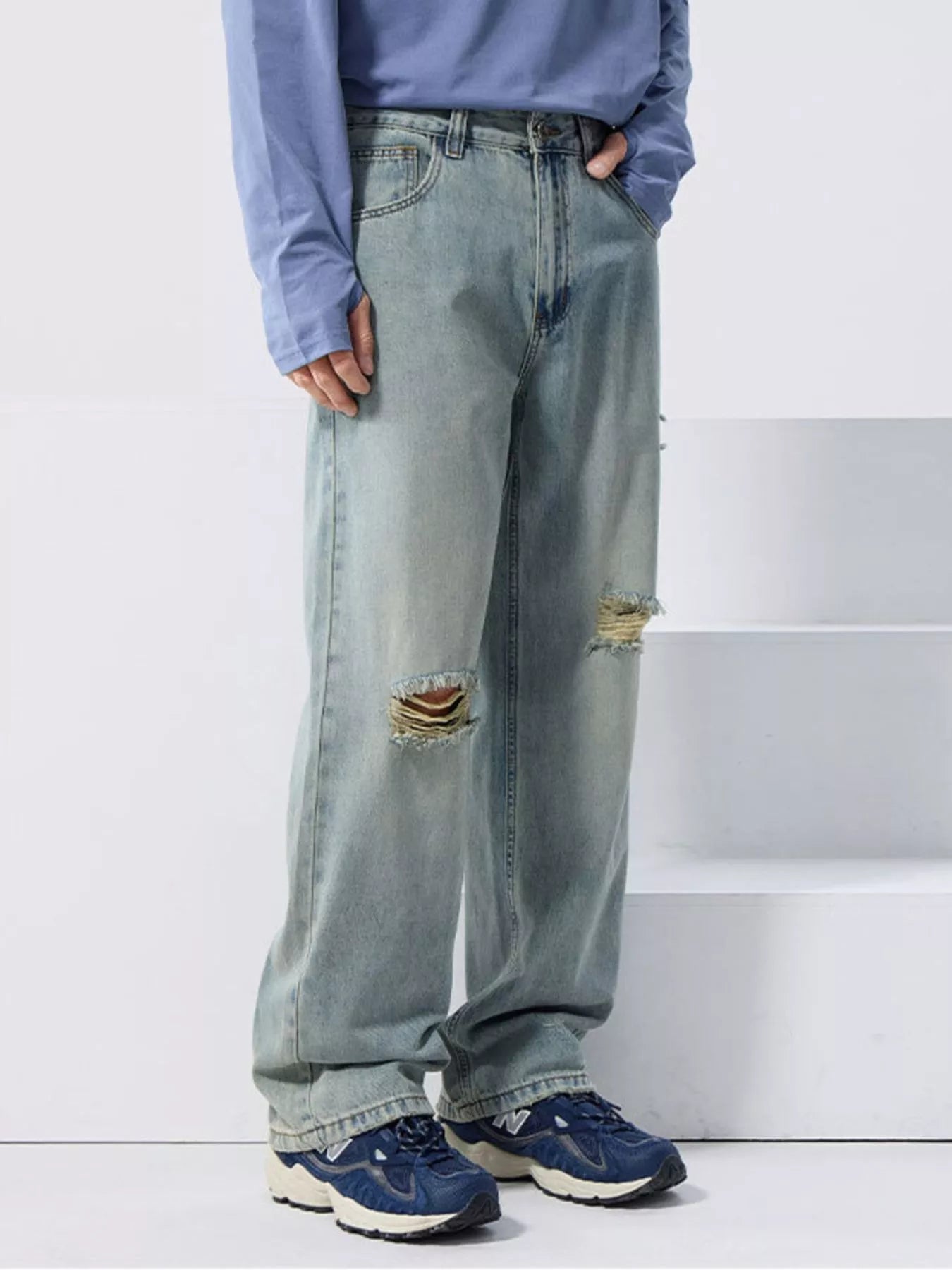 Mid rise wide leg jeans men's distressed light blue denim