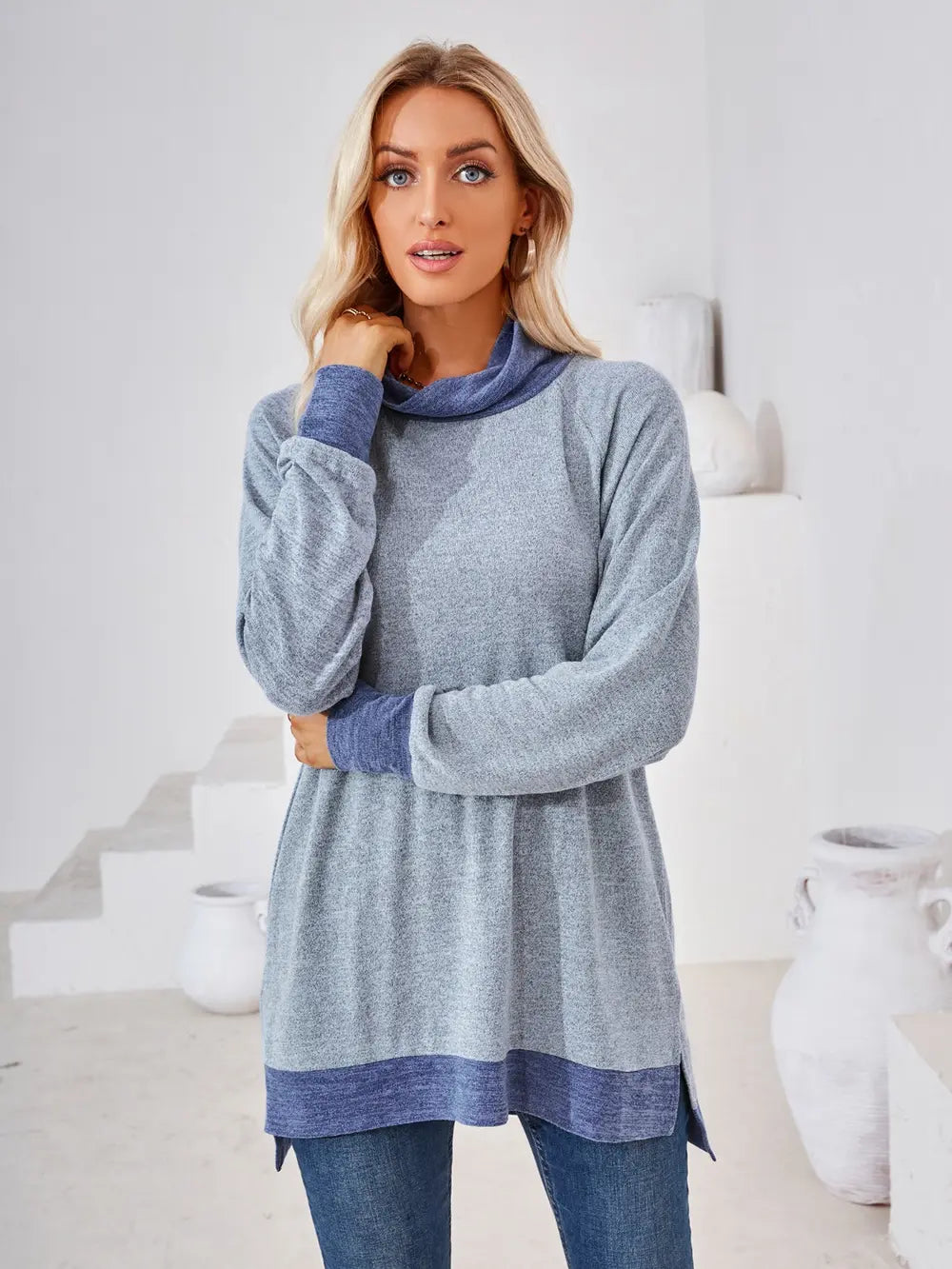 Misty blue mock neck long sleeve T-shirt with contrast trim and elegant casual styling