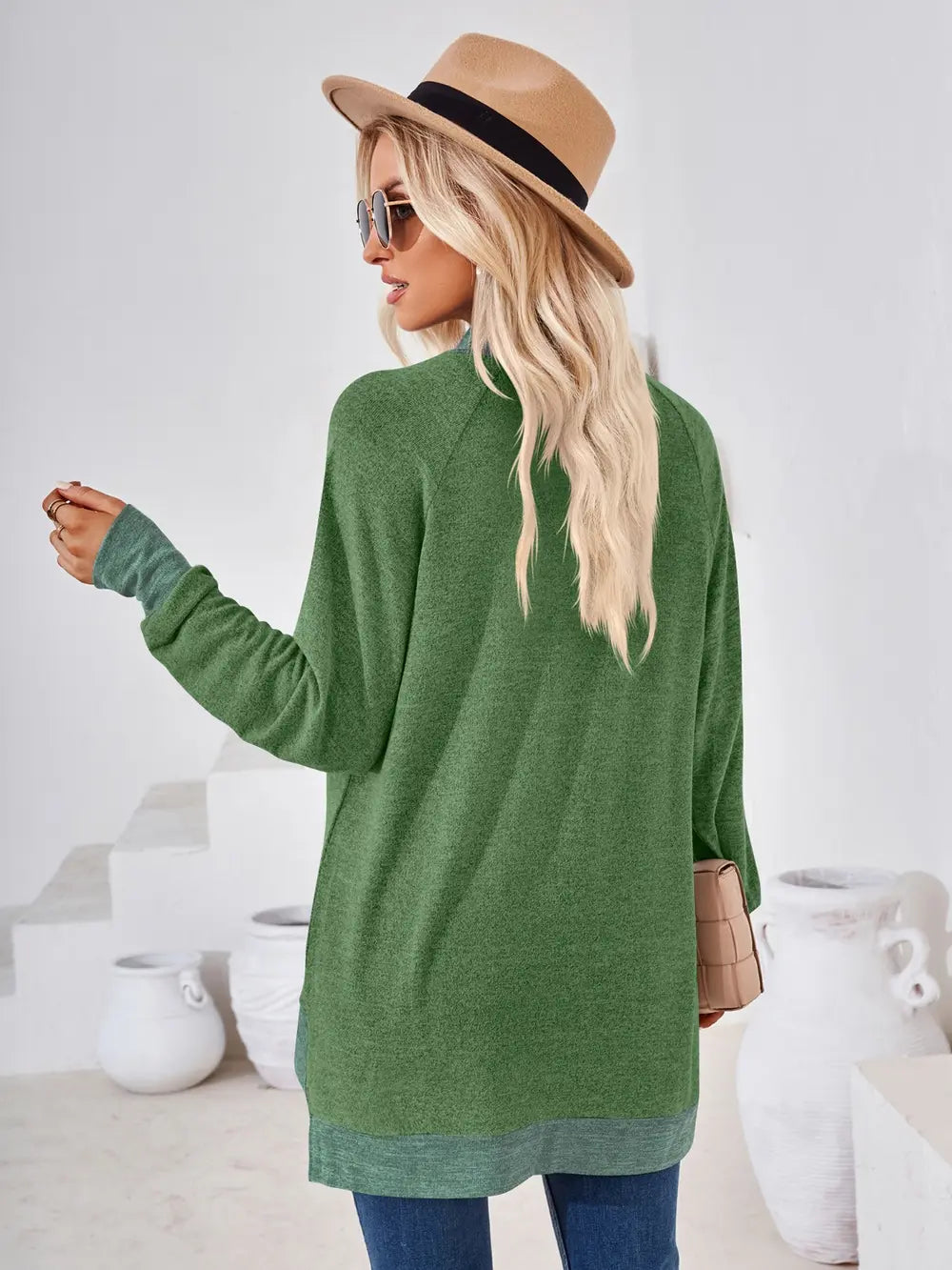 Moss green casual T-shirt with contrast neckline and comfortable fitted silhouette Back View