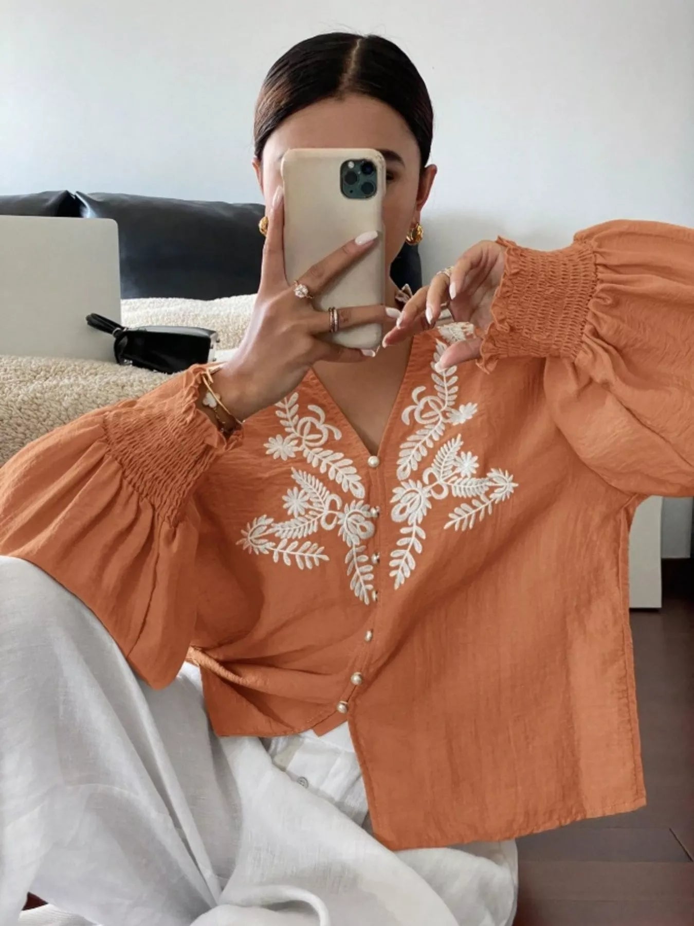 Orange long sleeve embroidered blouse profile comfortable women's casual clothing