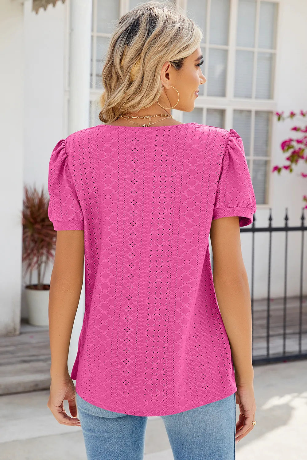 Pink broderie anglaise blouse with eyelet detailing and comfortable flattering fit
