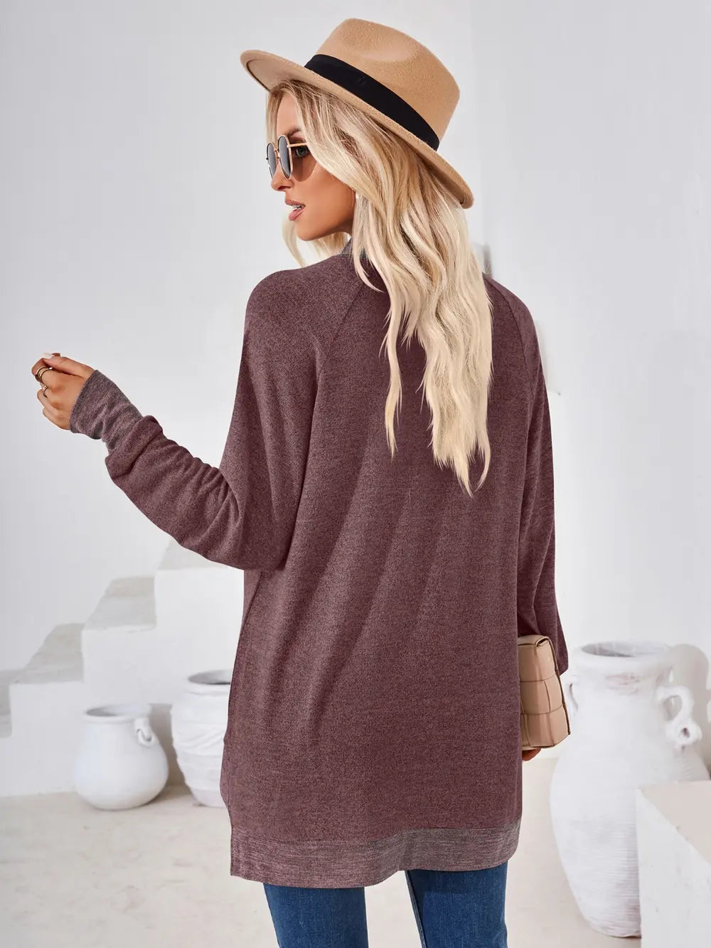 Plum contrast mock neck long sleeve top designed for smart casual and everyday wear back view