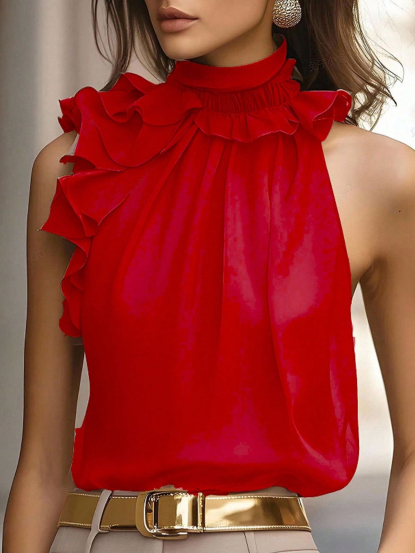 Red ruffle high neck sleeveless top with front button detail and elegant fitted silhouette for women