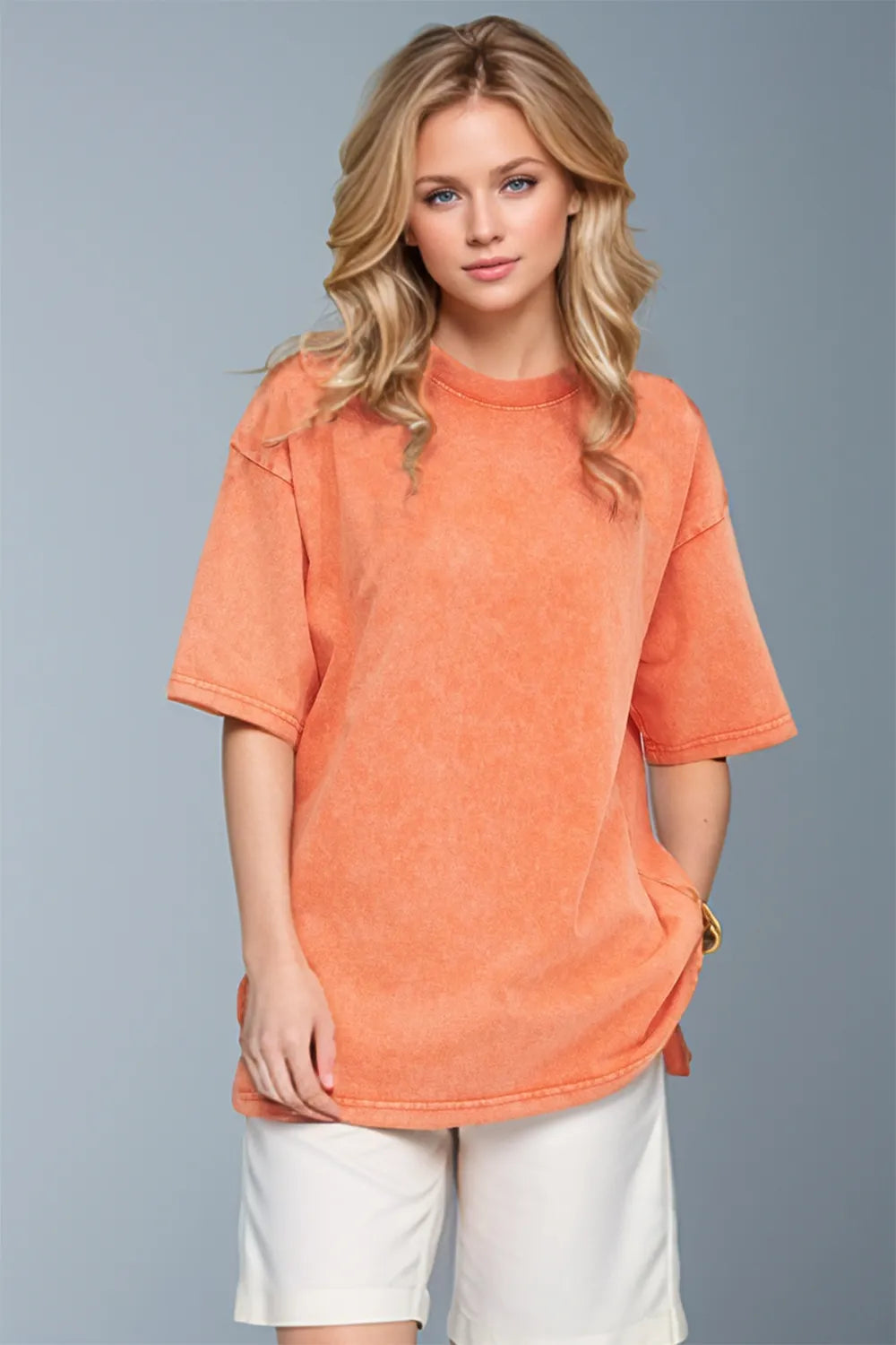 Tangerine cotton round neck half sleeve t-shirt front view bright casual women's top