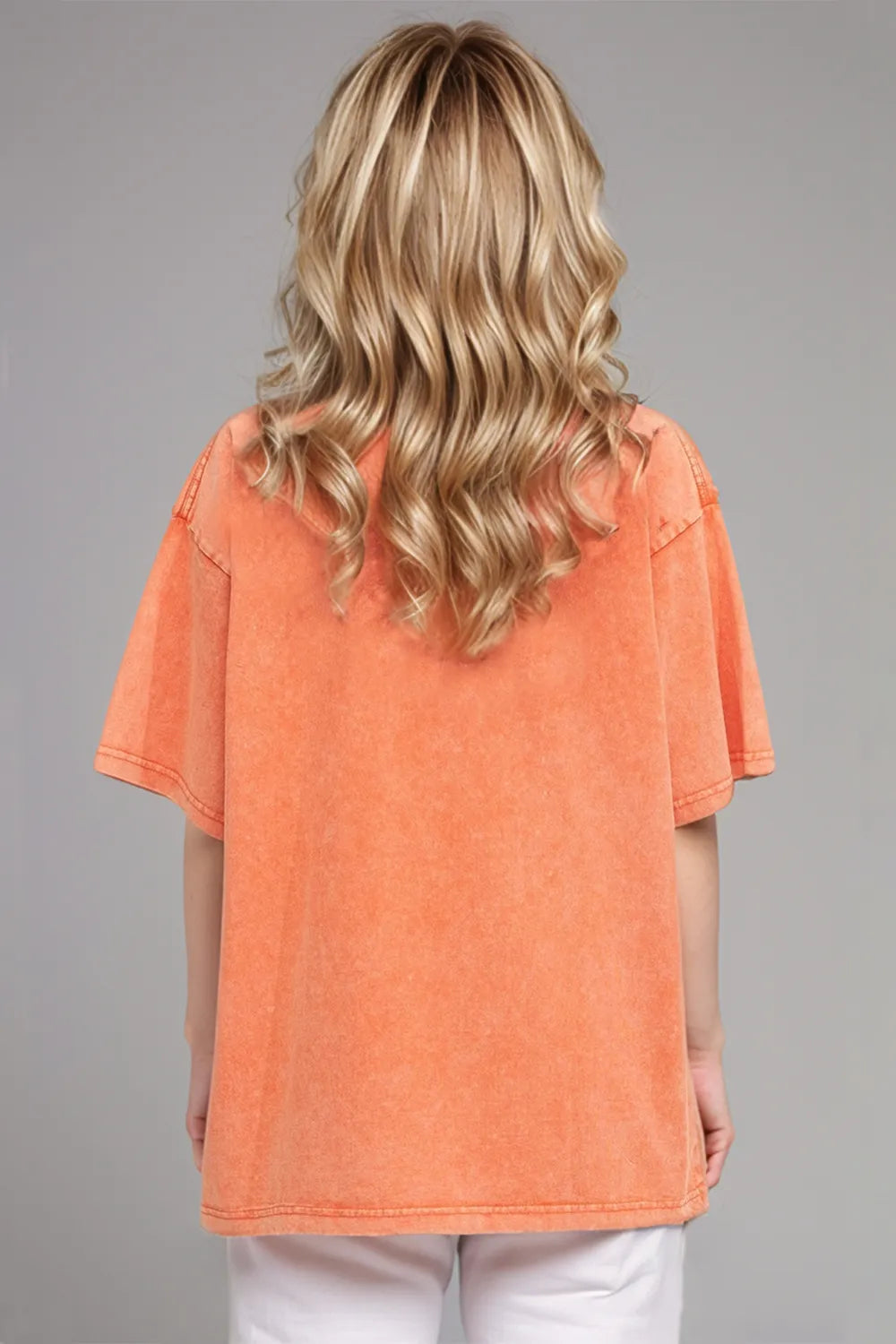 Tangerine cotton half sleeve round neck t-shirt angled view stylish women's wardrobe basic