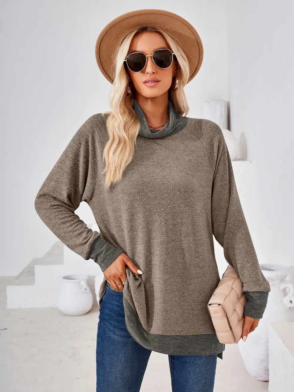 Taupe contrast mock neck long sleeve T-shirt with minimalist design and comfortable fit