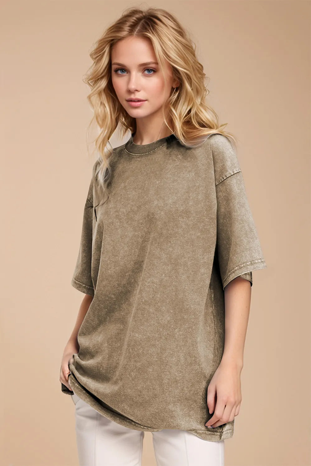 Taupe cotton round neck half sleeve t-shirt front view neutral women's everyday wardrobe staple