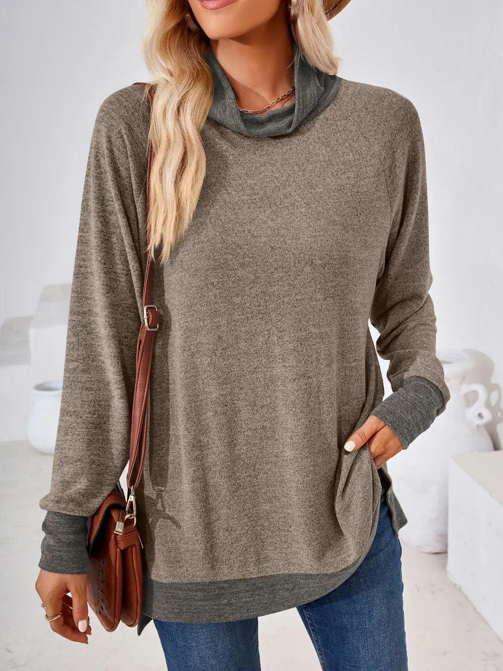 Taupe mock neck long sleeve top featuring contrast neckline and versatile styling