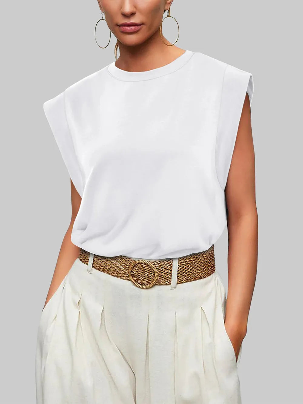 White cap sleeve round neck everyday t-shirt front view women's casual wardrobe staple UK