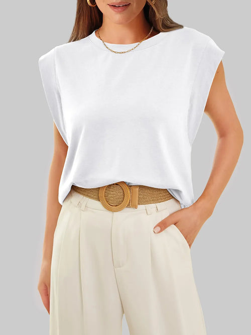 White cap sleeve round neck everyday t-shirt for women front view casual basic cotton blend top UK fashion