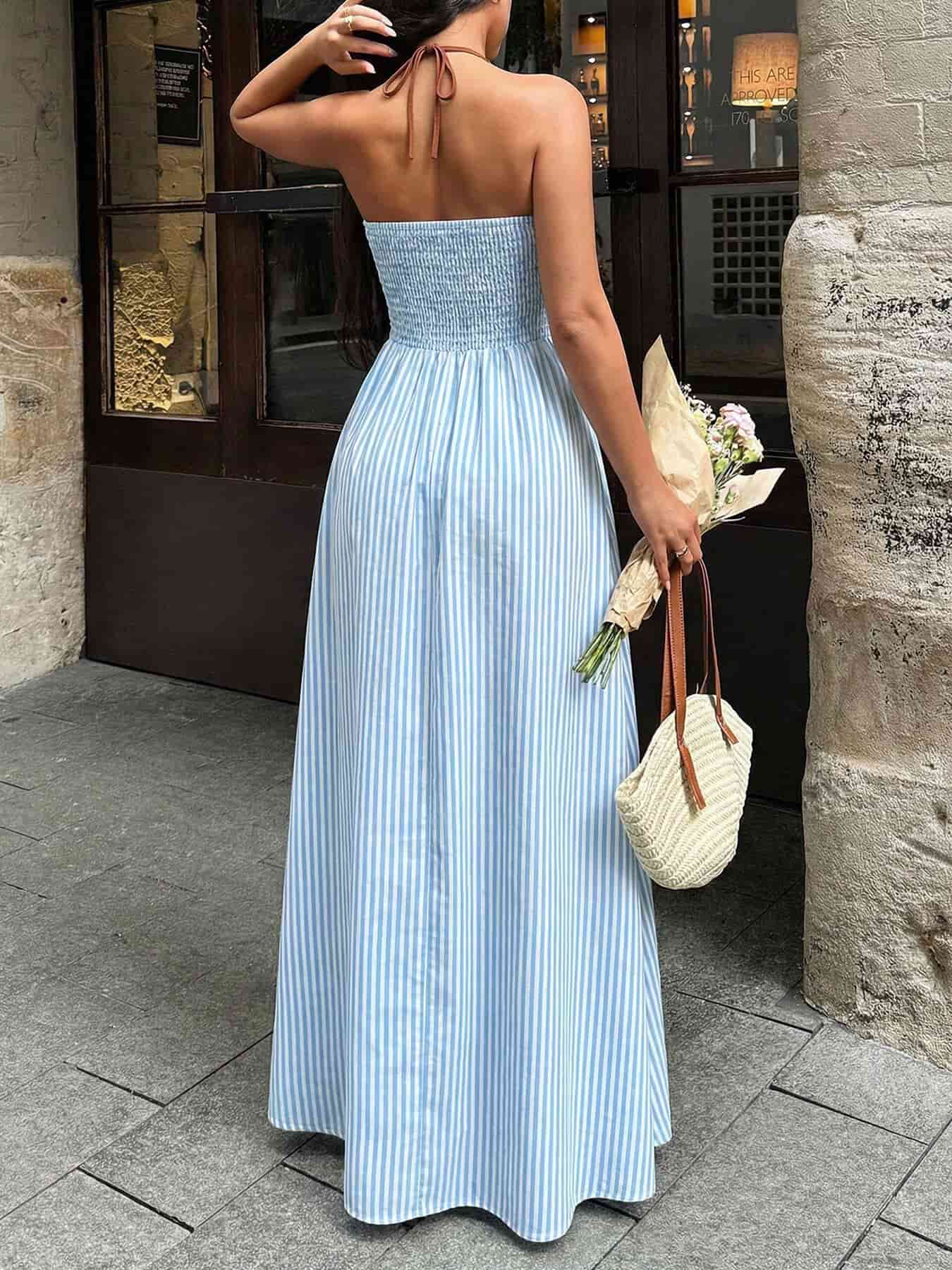 Striped Halter Neck Maxi Dress