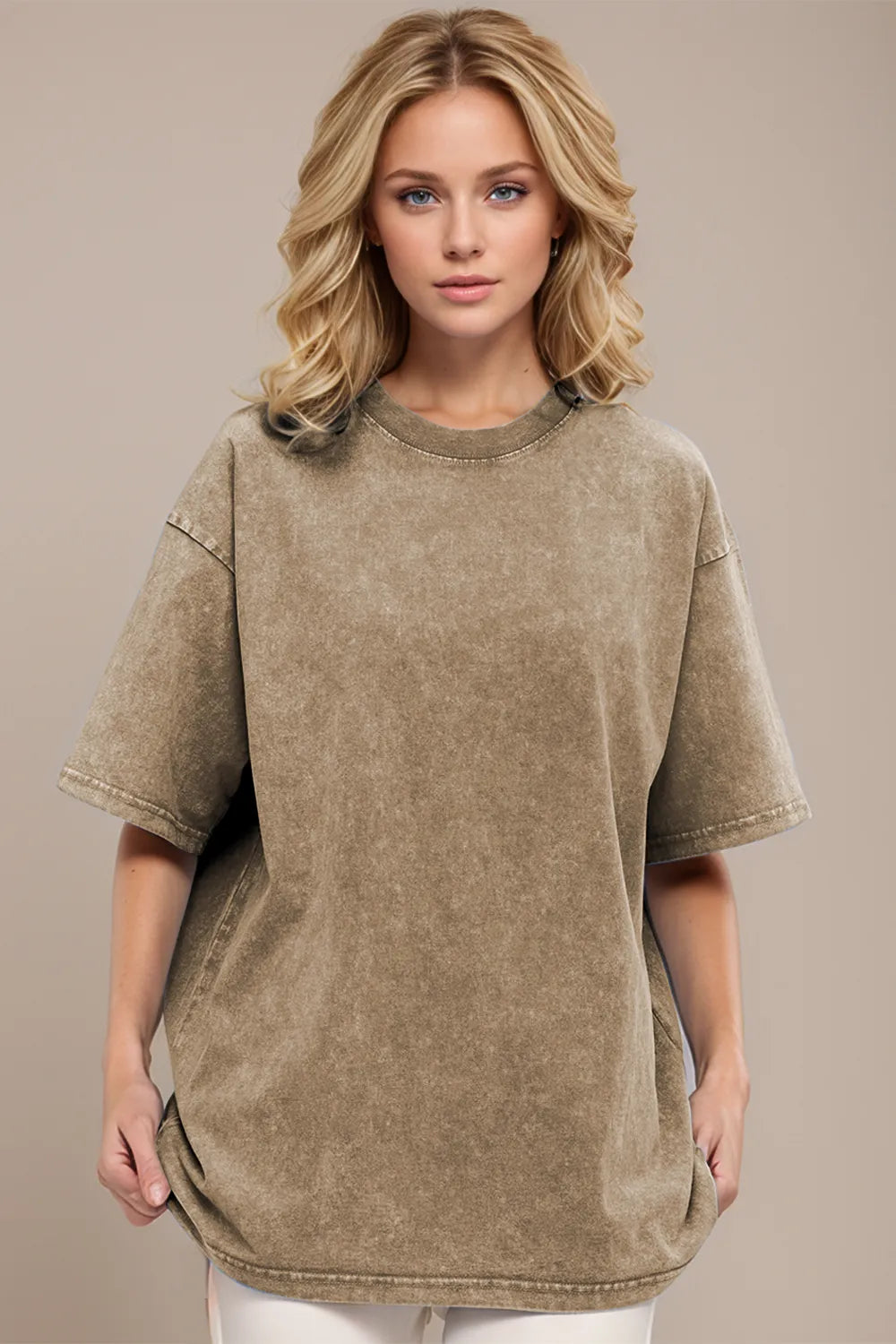 Taupe cotton half sleeve round neck t-shirt angled profile versatile casual women's fashion