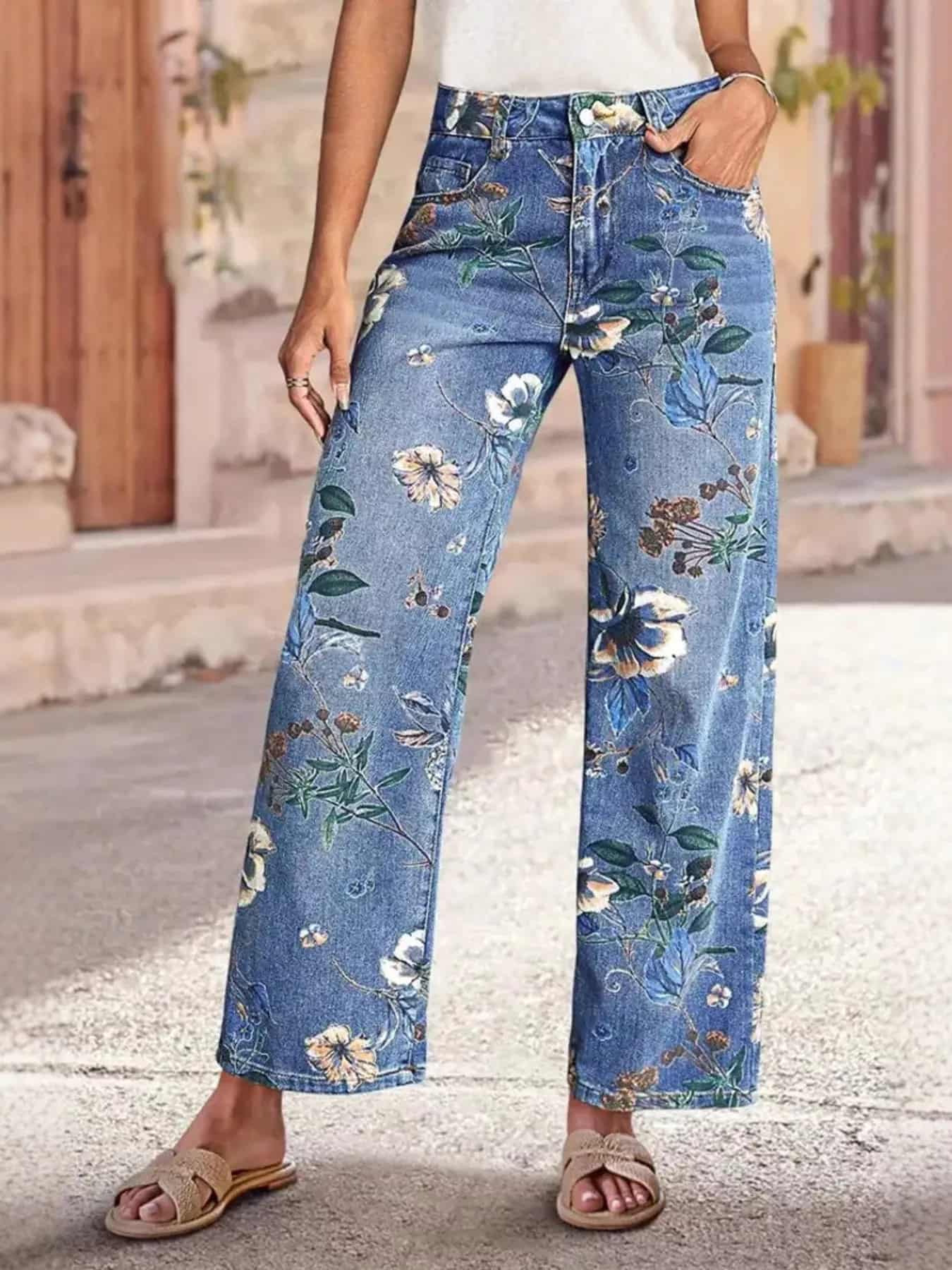 Floral Print Wide Leg Jeans