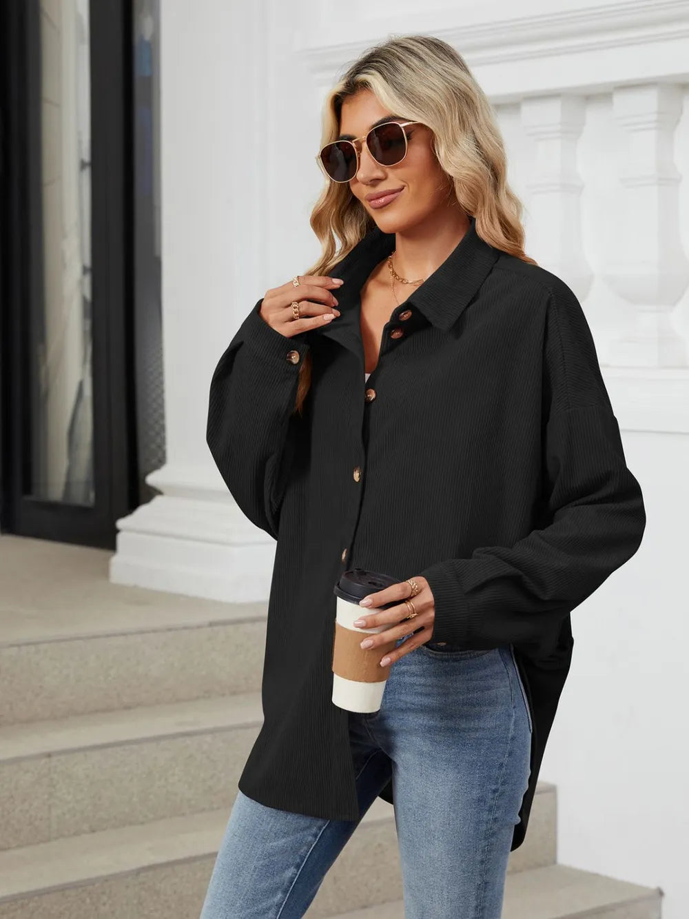 Black dropped shoulder collared long sleeve shirt front view classic oversized women's shirt