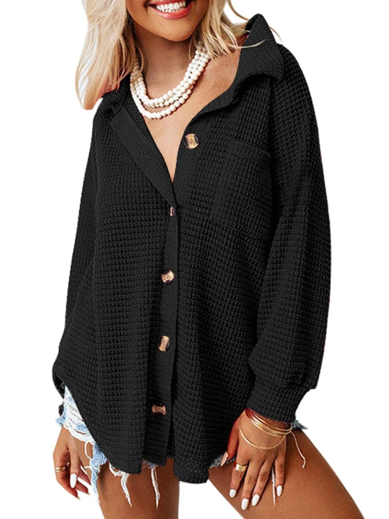 Brown waffle knit pocket shirt styled casually with relaxed fit and soft texture