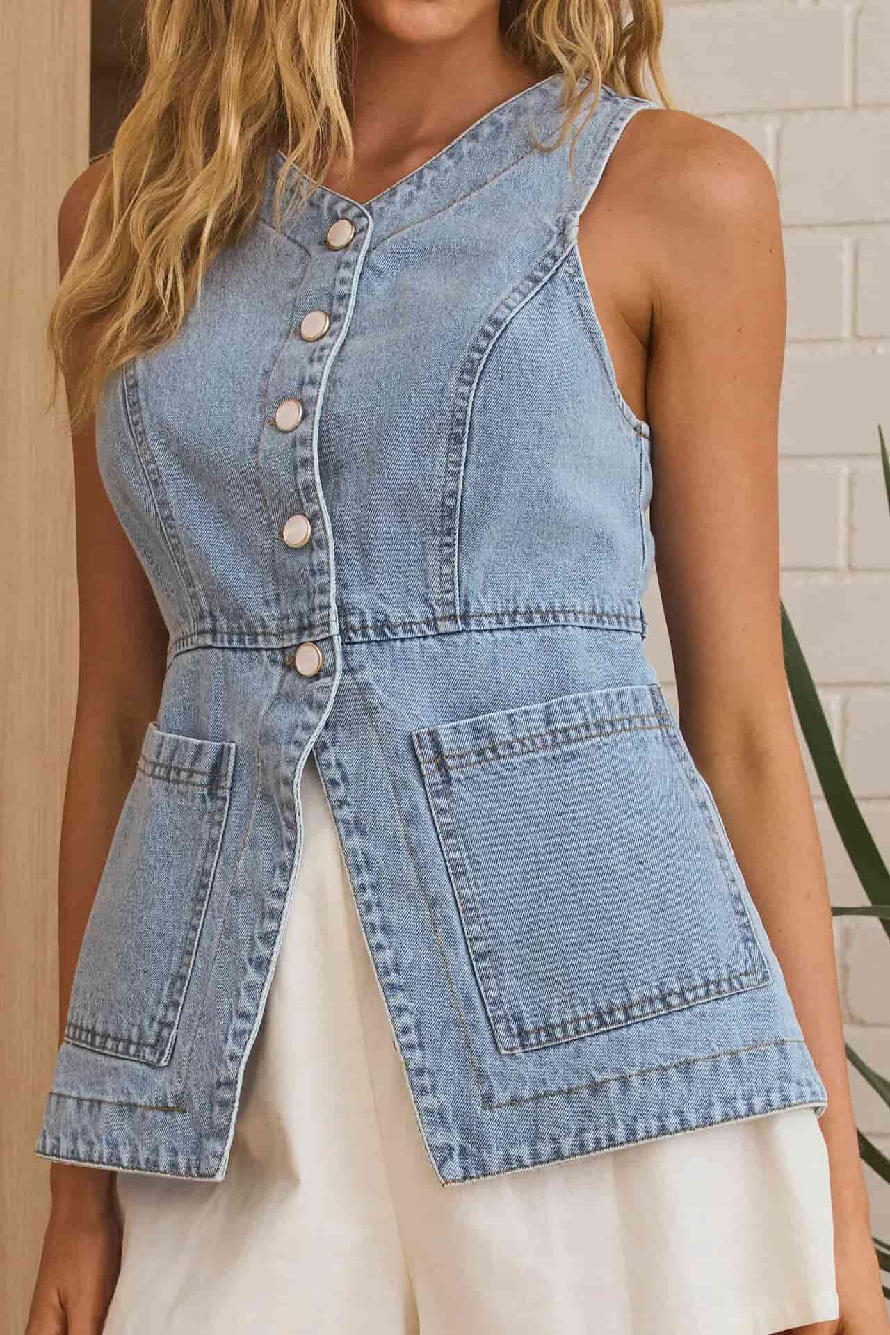 Sleeveless Button-Front Denim Vest Top