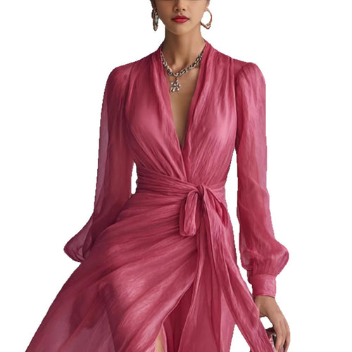Casual Court-Style V-Neck Lace-Up Puff-Sleeve Dress