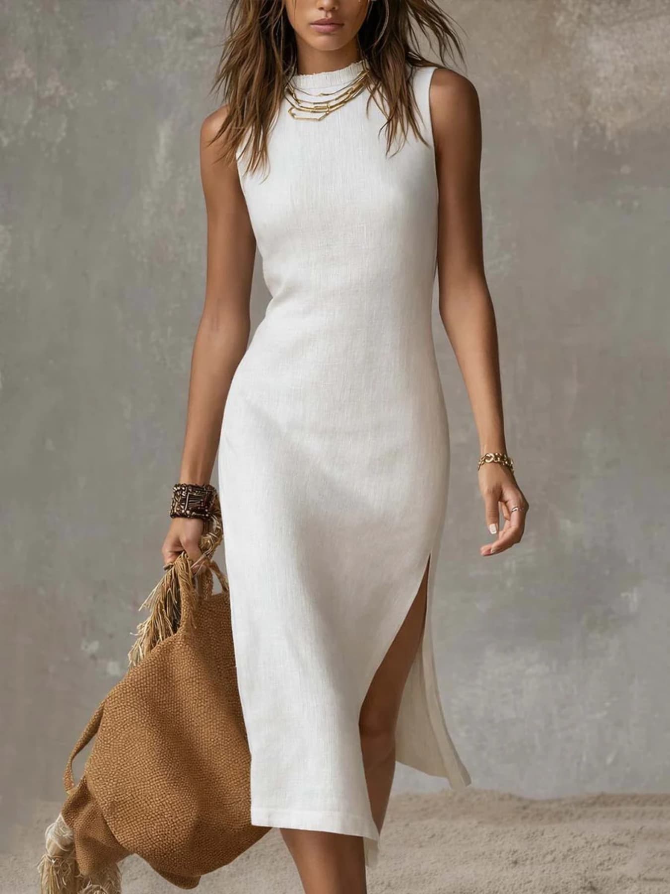 Full Size Sleeveless Mock Neck Slit Midi Dress Plus Size