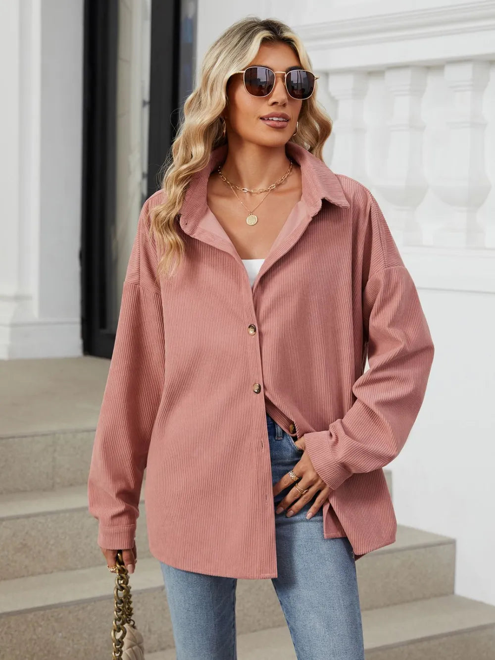 Dusty pink dropped shoulder collared long sleeve shirt front view soft feminine oversized style