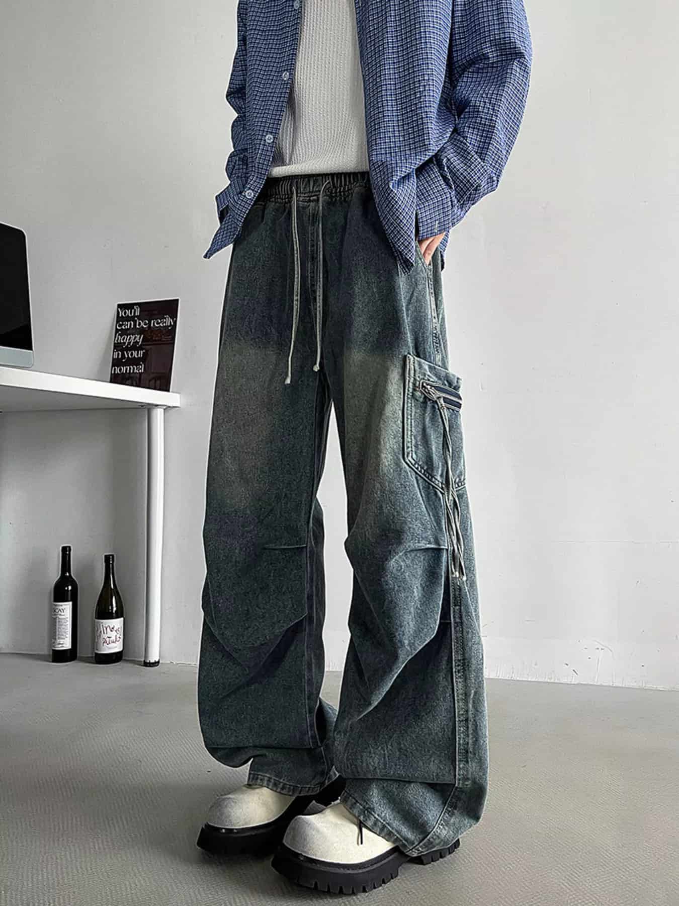 Men's Plus Size Loose Fit Cargo Jeans with Drawstring