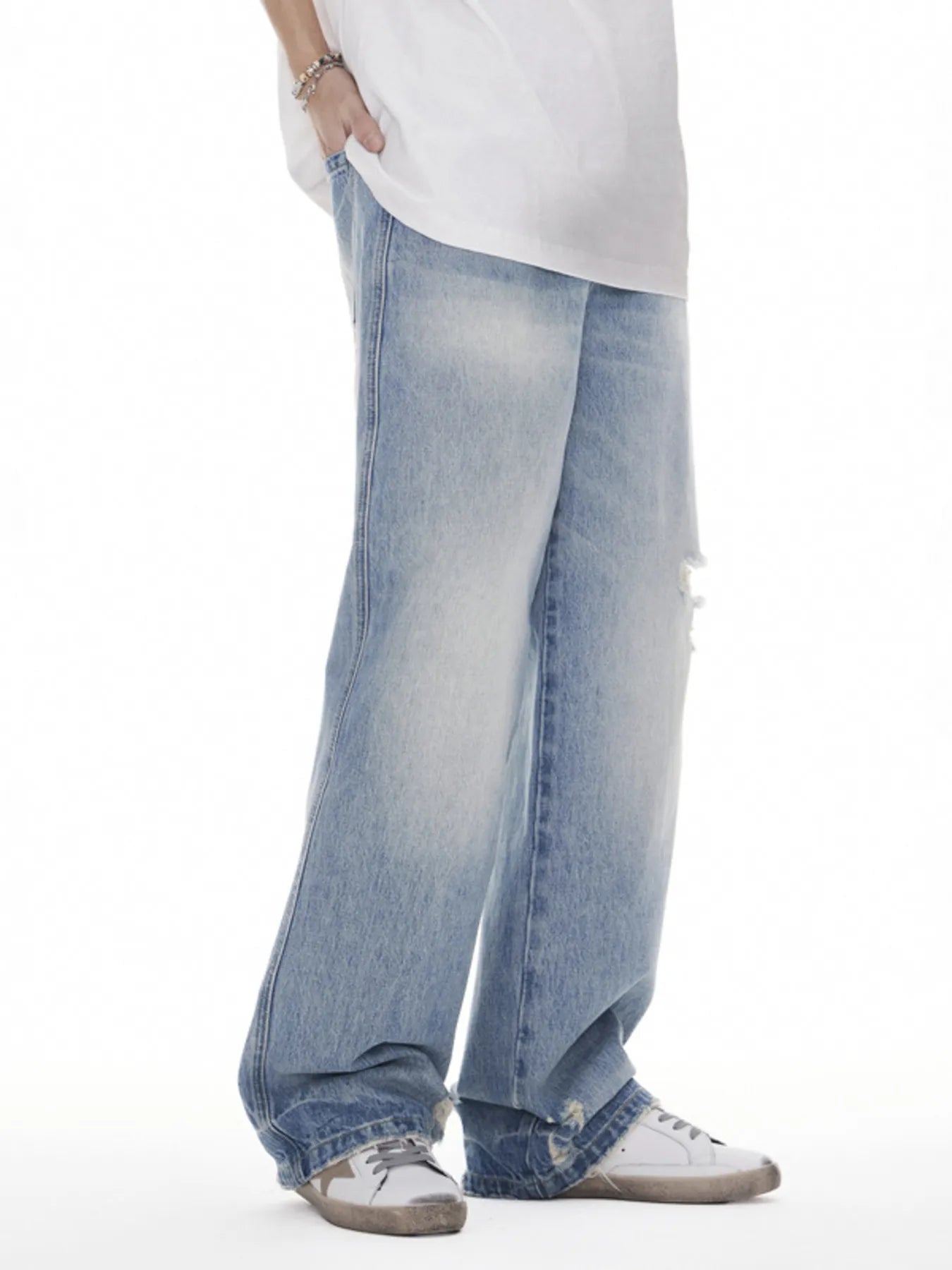 Mid rise wide leg jeans men's distressed denim waist sizes 28-33
