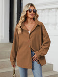 Mustard dropped shoulder collared long sleeve shirt front view relaxed oversized women's casual shirt