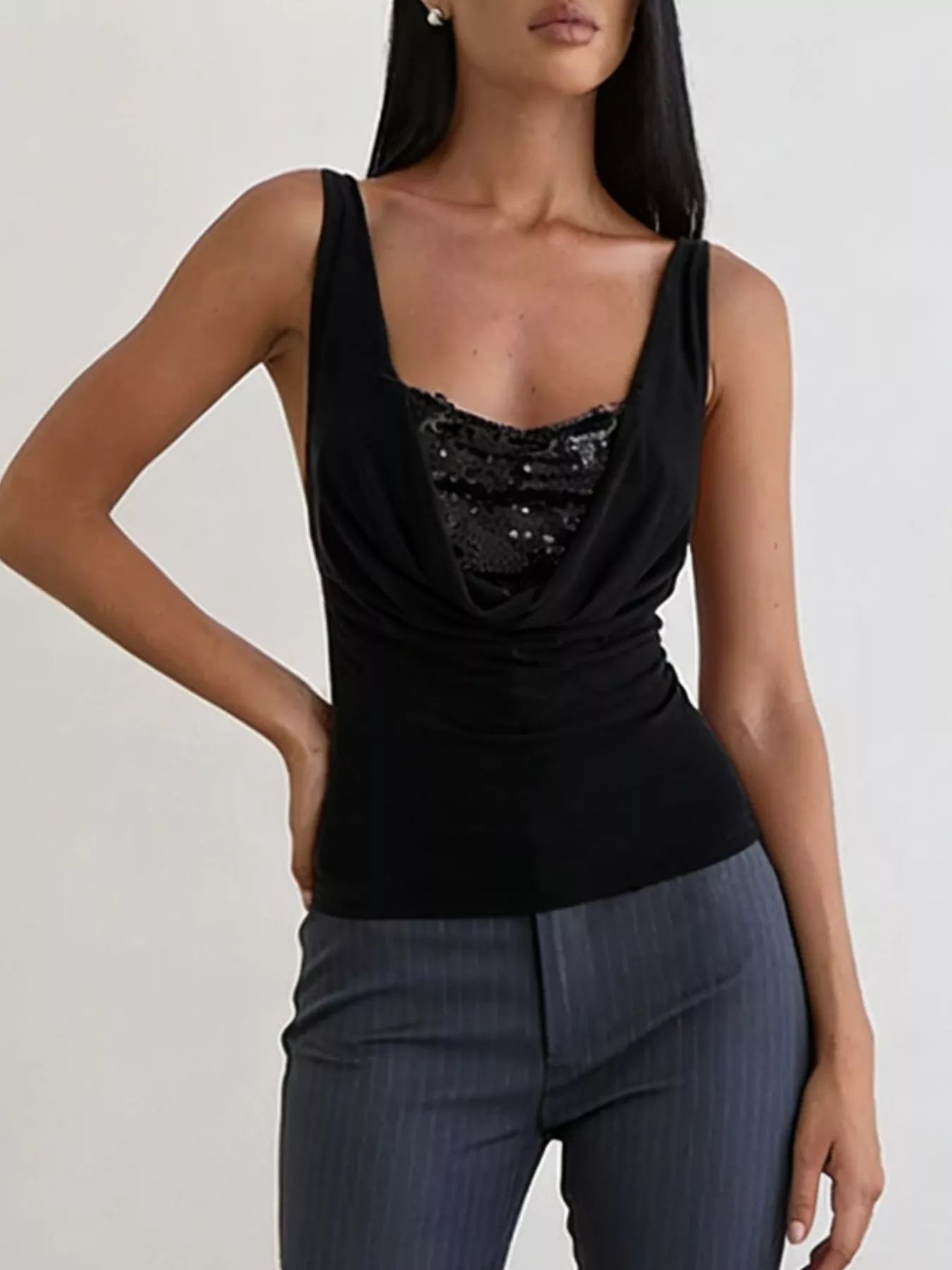 Black sequin ruched party tank top women UK festive