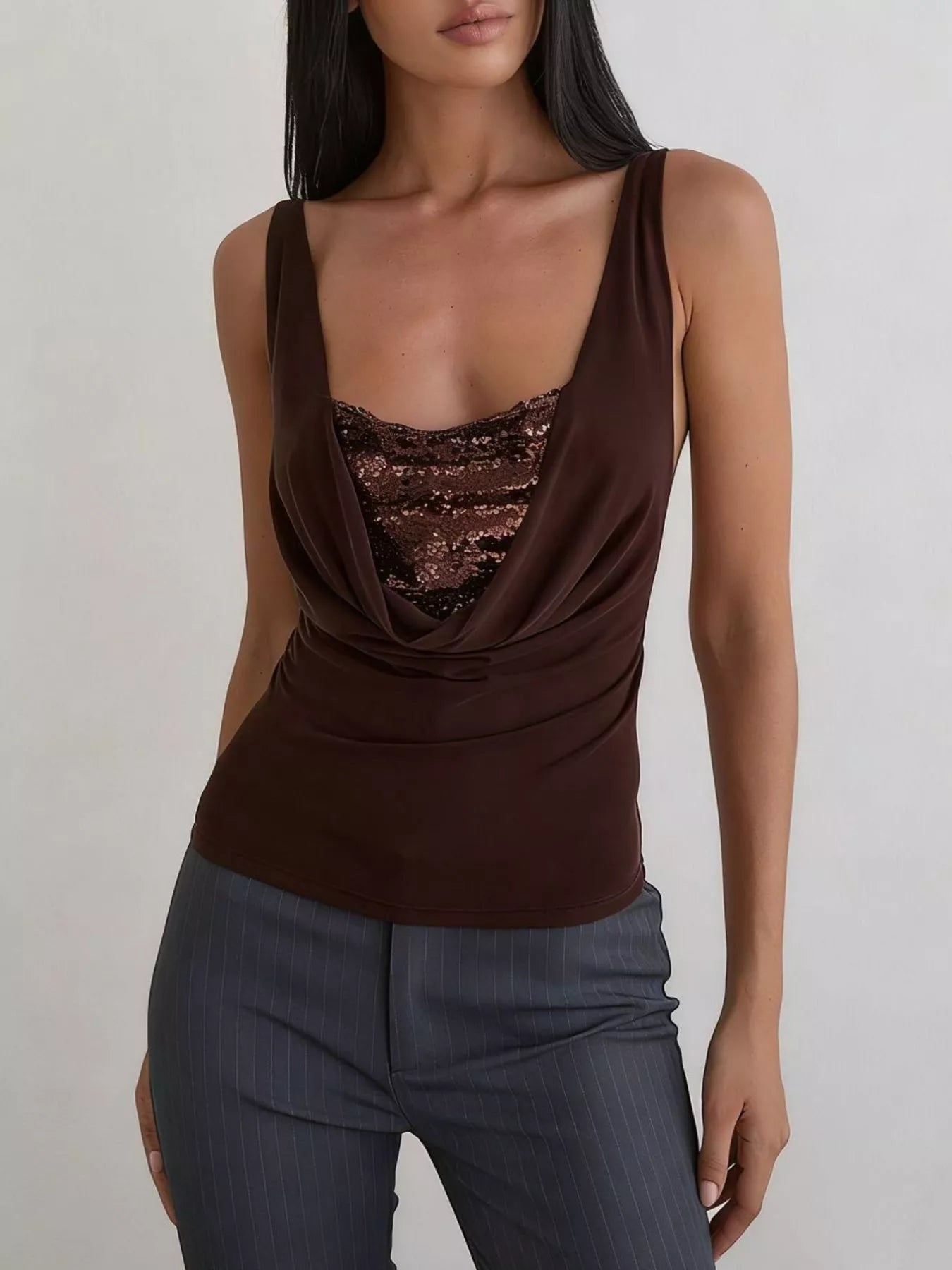 Women's chocolate brown cowl neck cami top featuring a sequin lace panel, wide shoulder straps, and a fitted silhouette, ideal for evening and going-out outfits