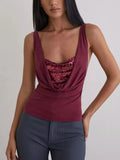 Women's burgundy cowl neck cami top with sequin lace panel detail, wide shoulder straps, and a fitted silhouette, front view.