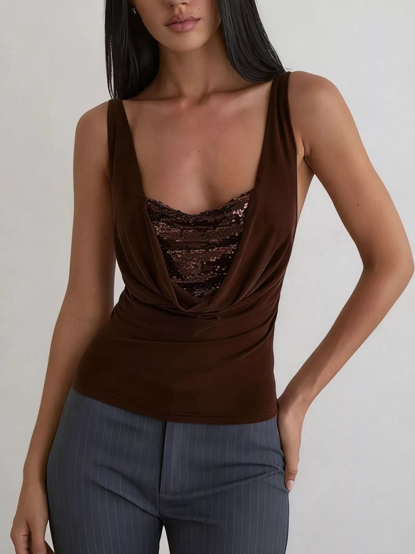 Women's elegant dark top tank dark brown Sparkly sequin party dress